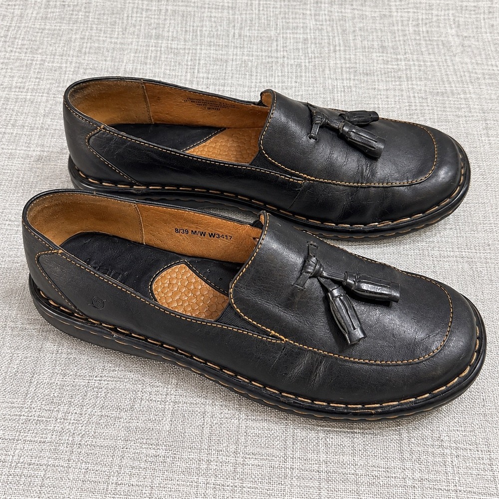 Born Black Leather Tassel Loafers Womens 8 M/W W3417 Handcrafted Comfort Shoes